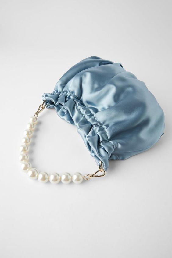 Pearl-strap satin bag — sky